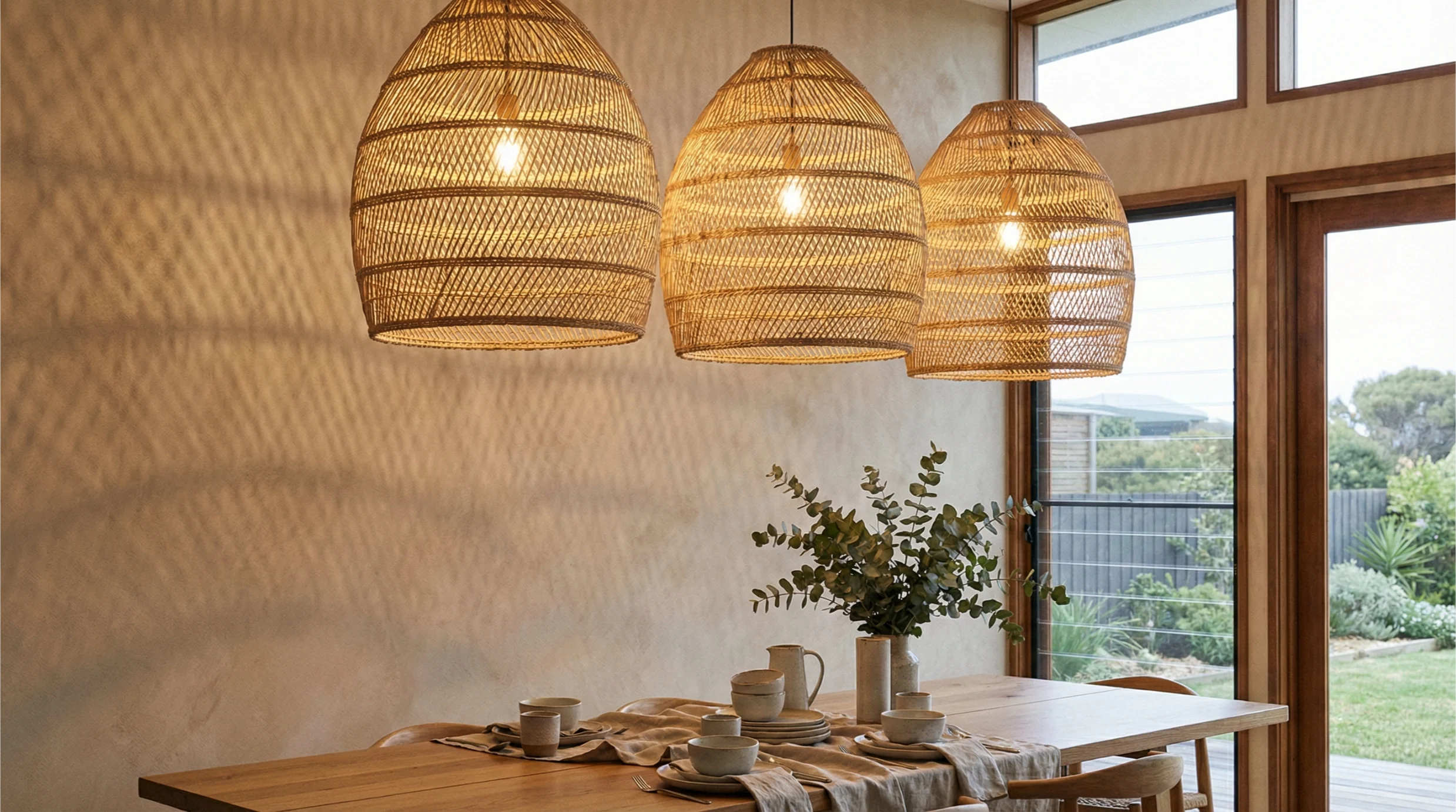 Rattan pendant lights creating warm ambient light in a modern Australian room