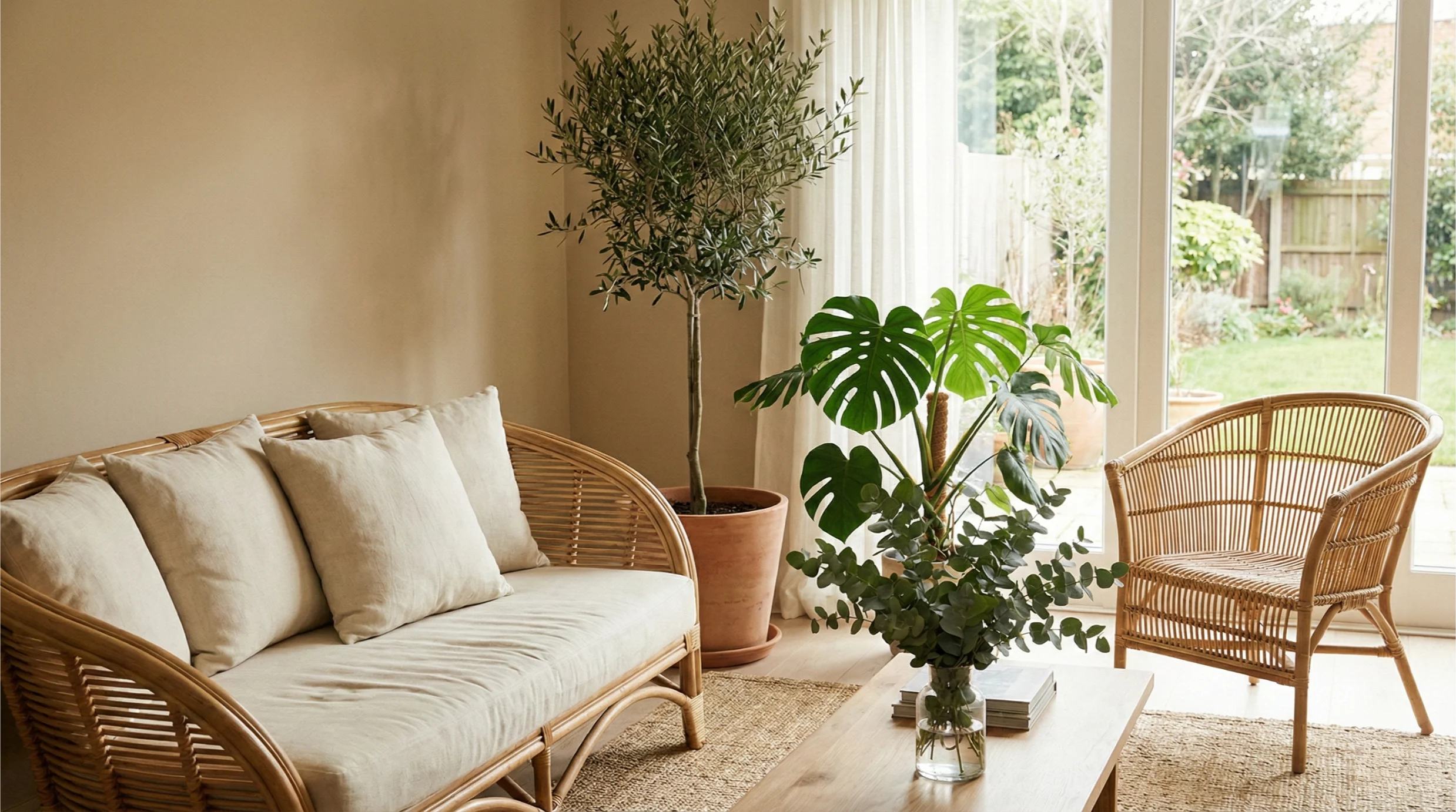 Indoor plants like eucalyptus and monstera paired with rattan furniture