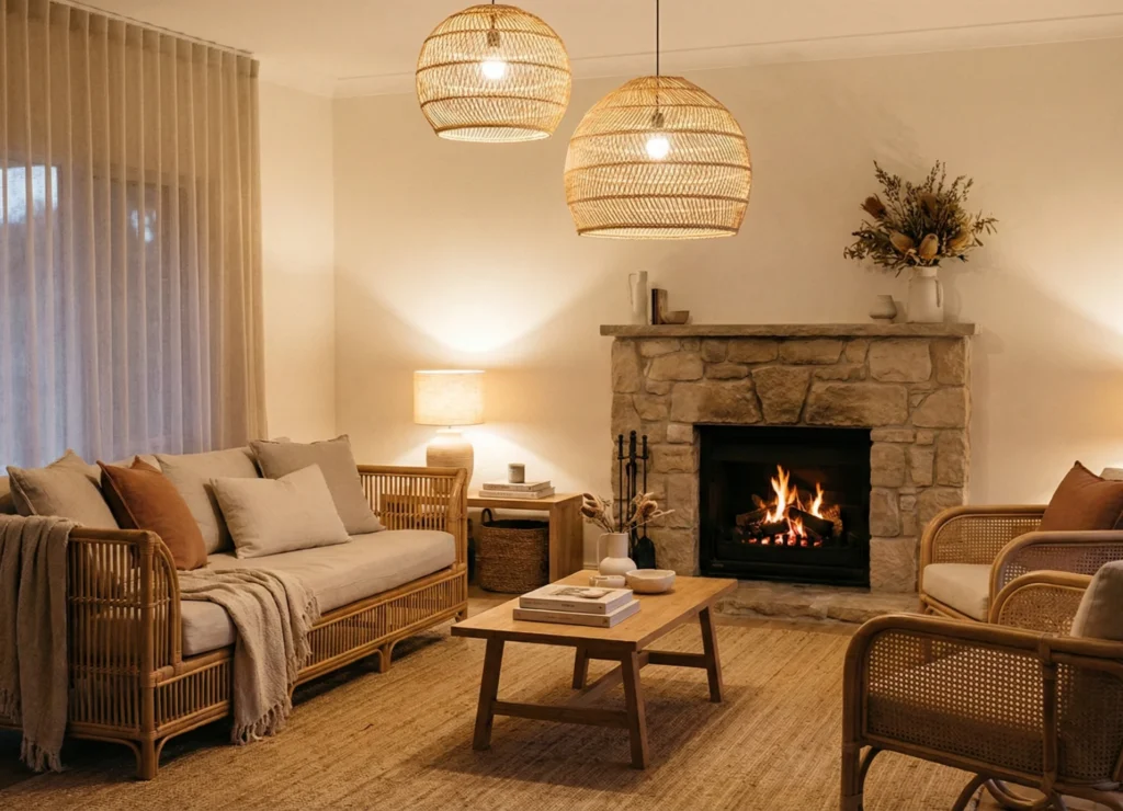 Warm and inviting Australian living room with rattan lighting and décor