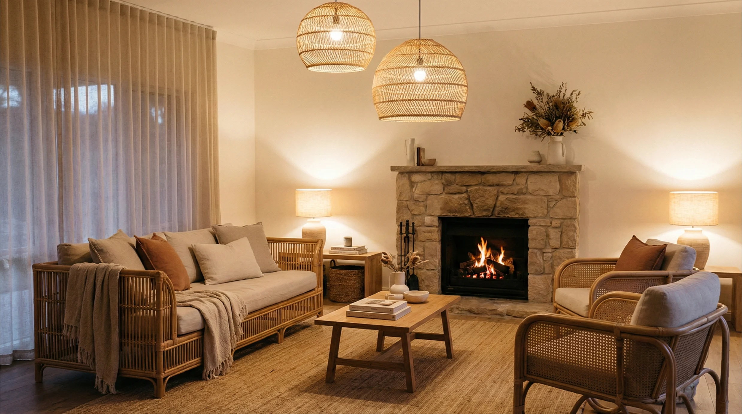 Warm and inviting Australian living room with rattan lighting and décor