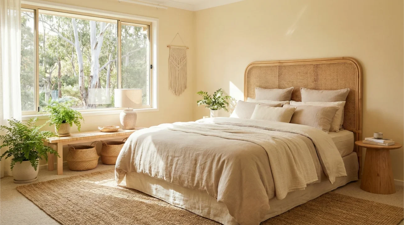 Calming Australian bedroom featuring rattan décor and soft natural light