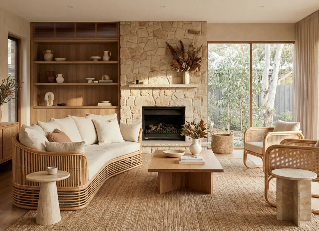 Rattan furniture styled with timber, linen and stone in a modern Australian home