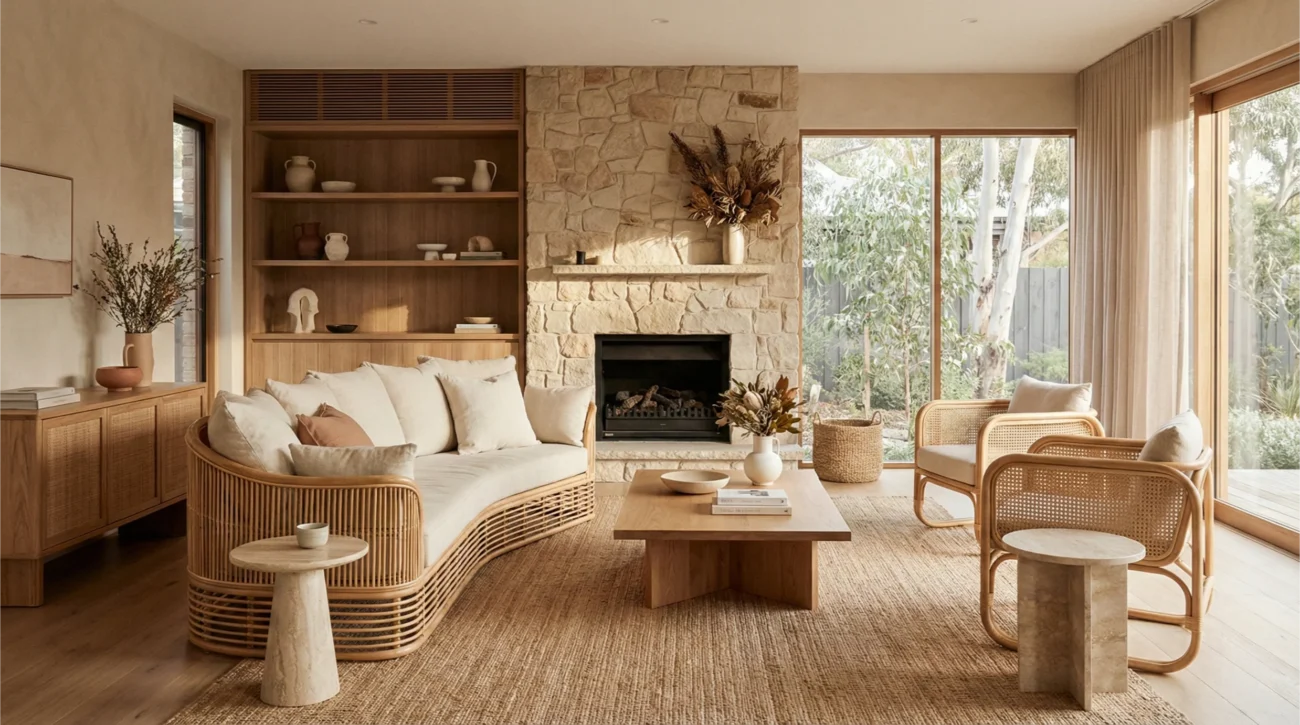 Rattan furniture styled with timber, linen and stone in a modern Australian home