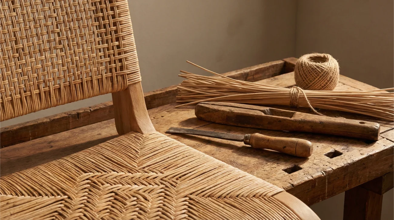 Detailed view of handwoven rattan craftsmanship and natural fibres
