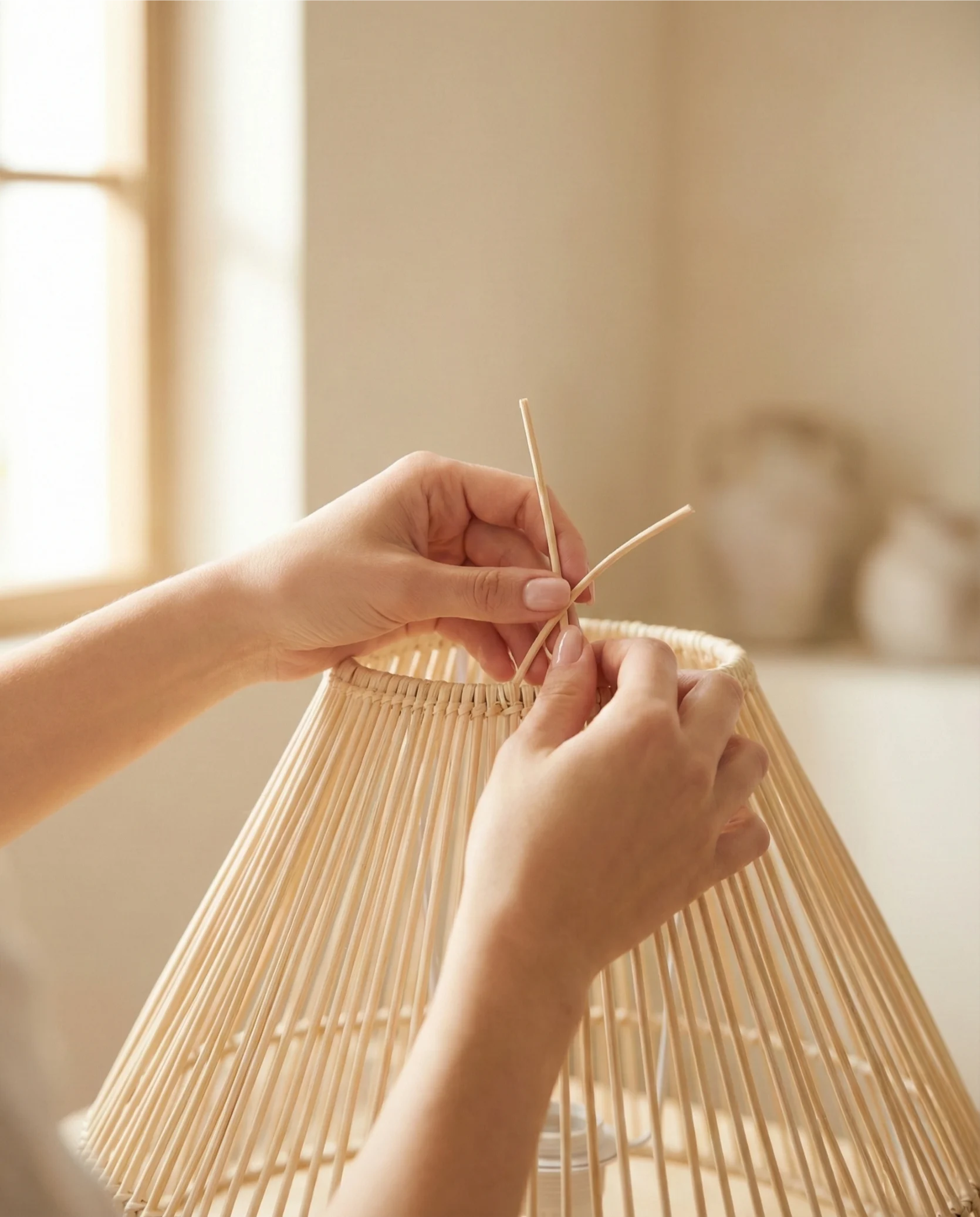 Close-up of artisan hands weaving natural rattan in a warm workshop