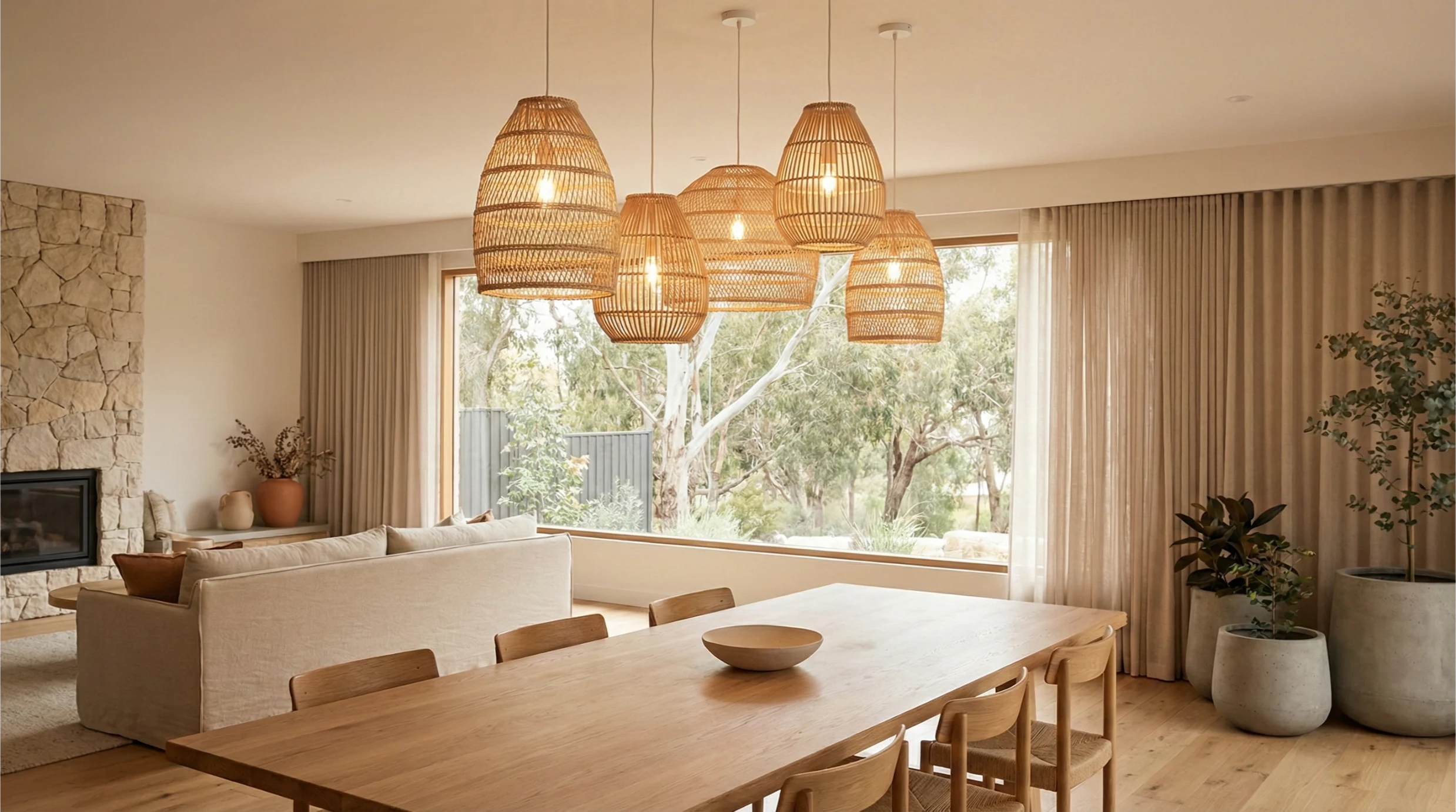 Fineboo rattan lighting and décor in a warm Australian interior