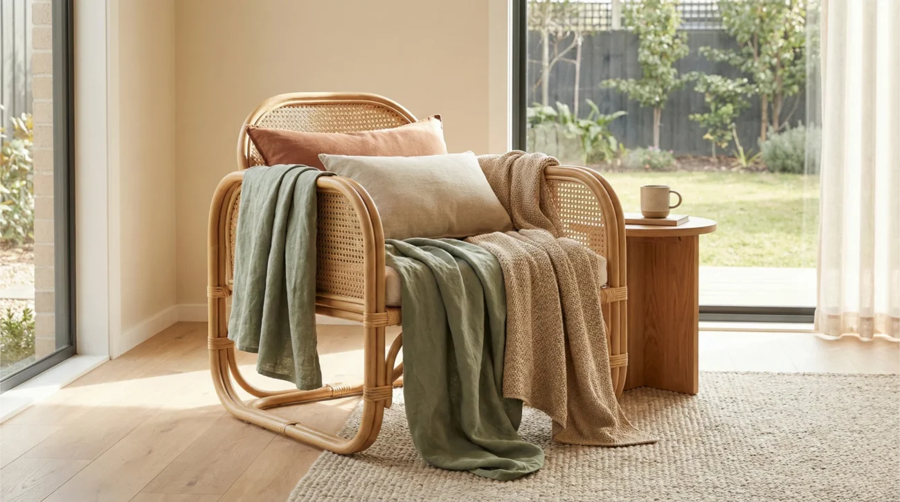 Rattan chair styled with sage green, beige and clay-coloured décor tones