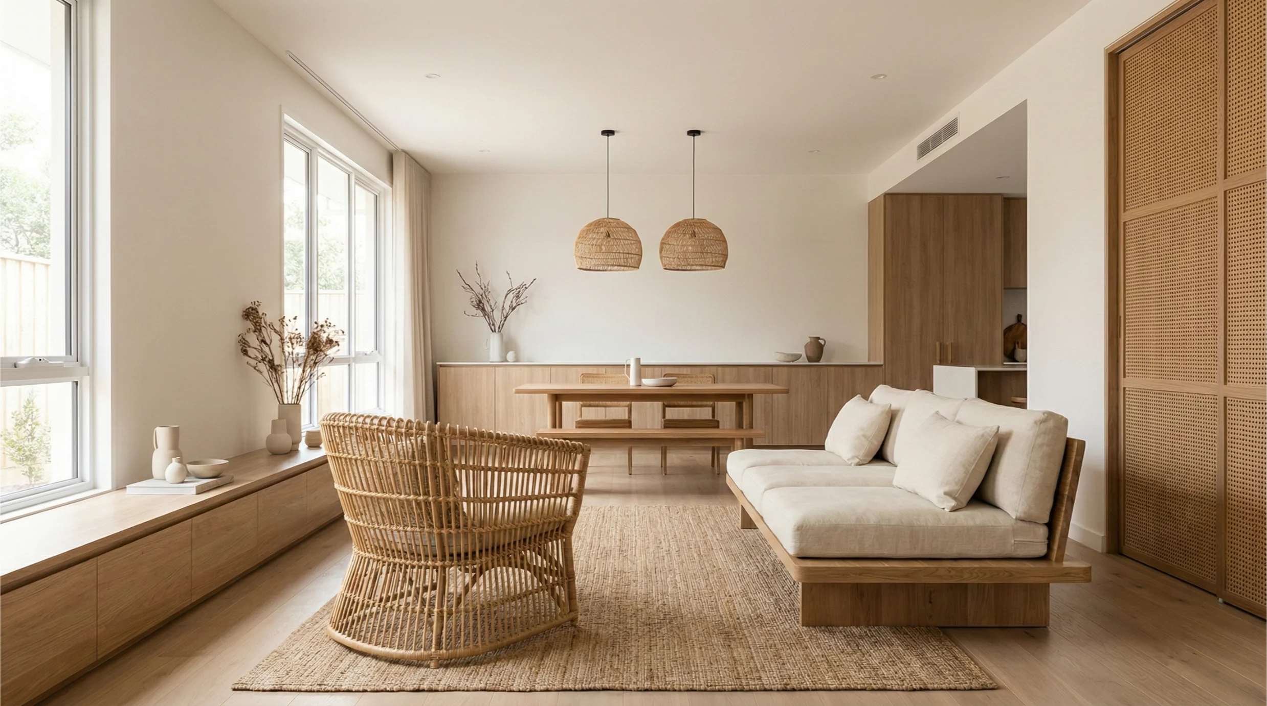 Modern Australian home with rattan accent furniture and clean Japandi styling