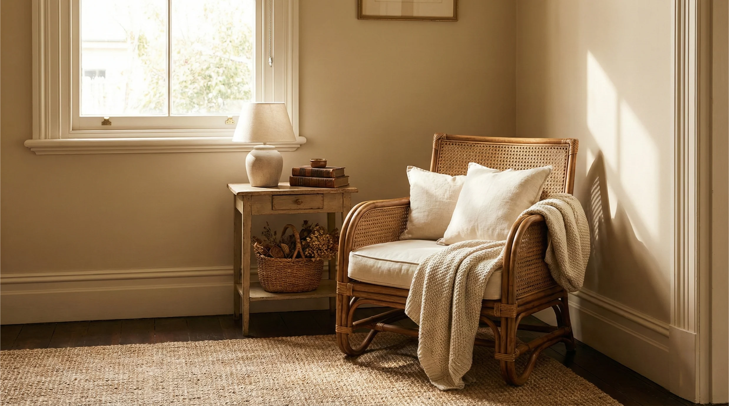 Timeless rattan pieces arranged in a heritage-inspired interior setting