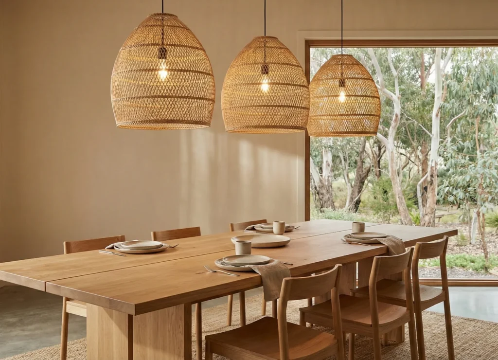 Rattan pendant lights above a dining space in a warm Australian interior