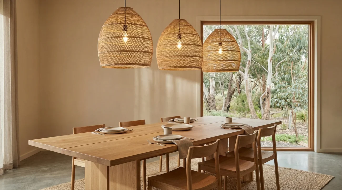 Rattan pendant lights above a dining space in a warm Australian interior