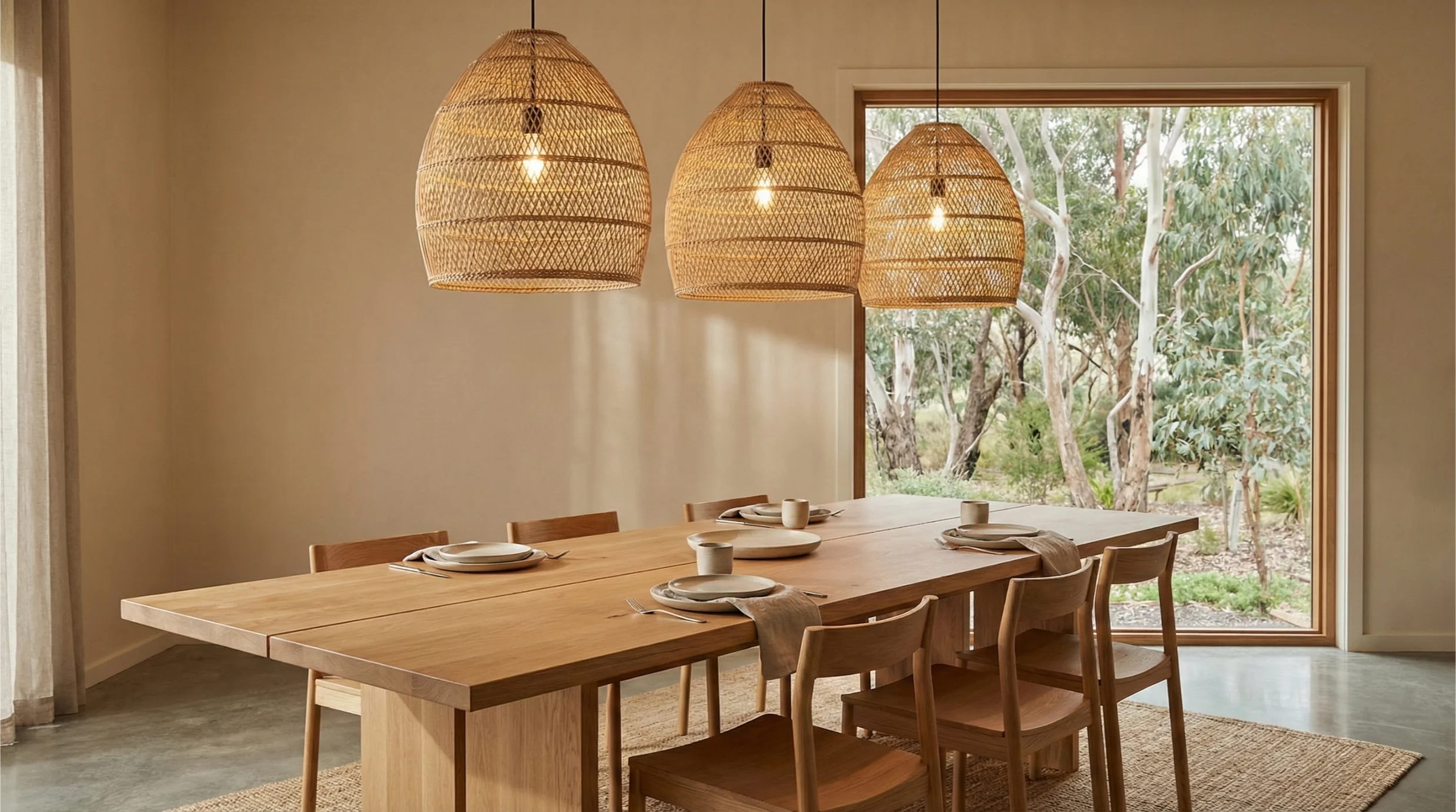 Rattan pendant lights above a dining space in a warm Australian interior