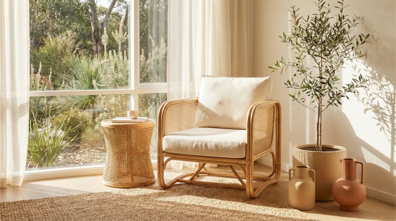 Small Australian living nook featuring lightweight rattan furniture