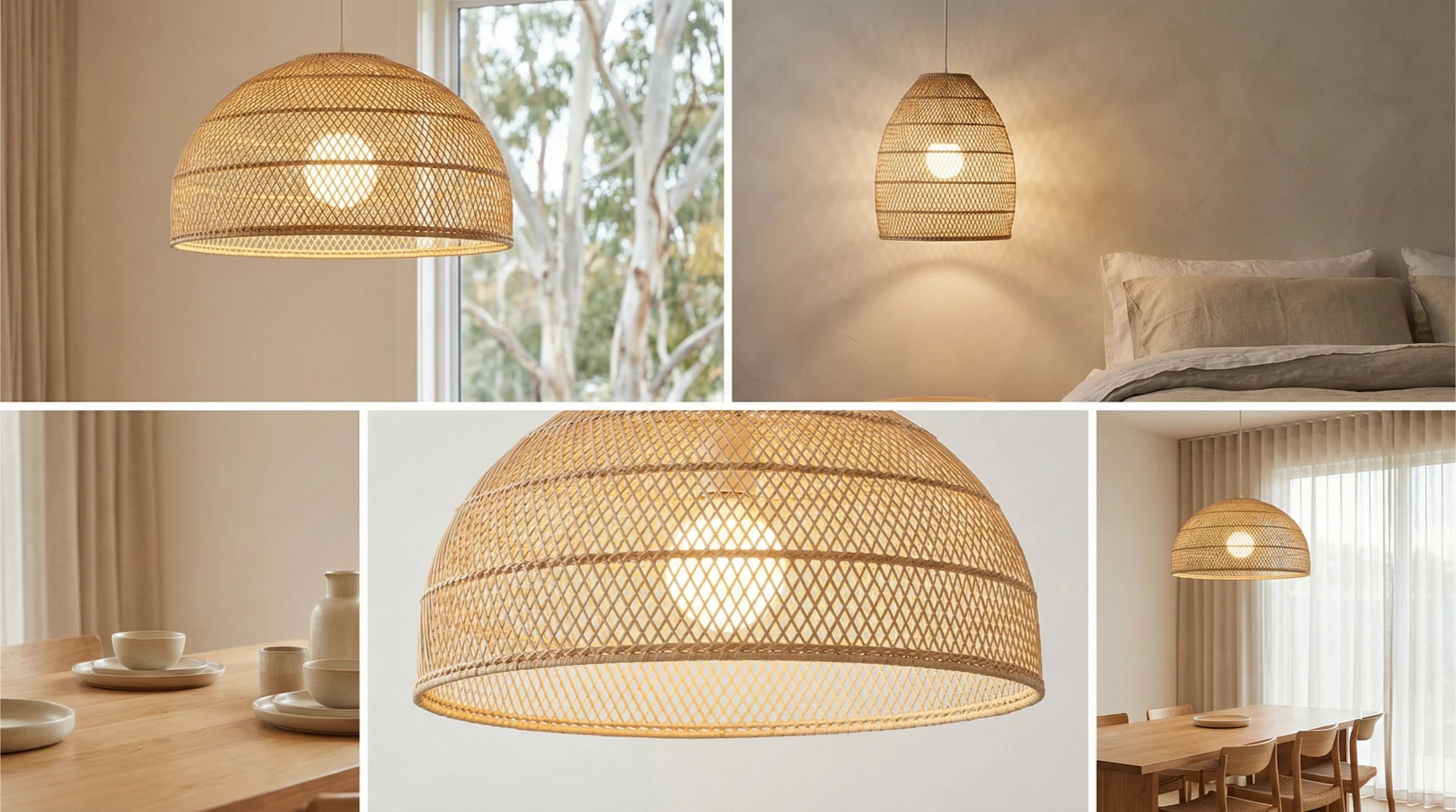 Rattan pendant light with a warm white LED bulb in a modern bedroom setting