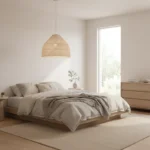 Oversized Island dome rattan pendant statement in a bedroom.