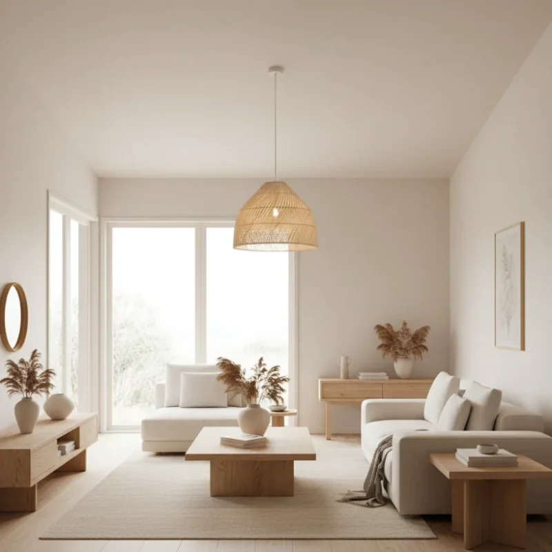 Wide rattan dome light hanging in an open plan living area.