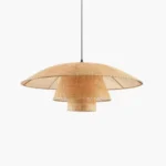 Kyoto Zen style flat rattan pendant light isolated view.