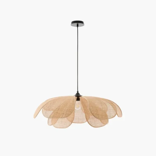 Lotus bloom flower shaped rattan pendant light front view.