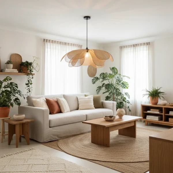 Lotus bloom pendant light creating soft shadows in a living room.