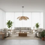 Cozy living area styled with a floral woven rattan pendant light.