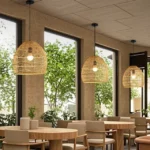 Natural woven dome pendant light styling in a minimalist home.