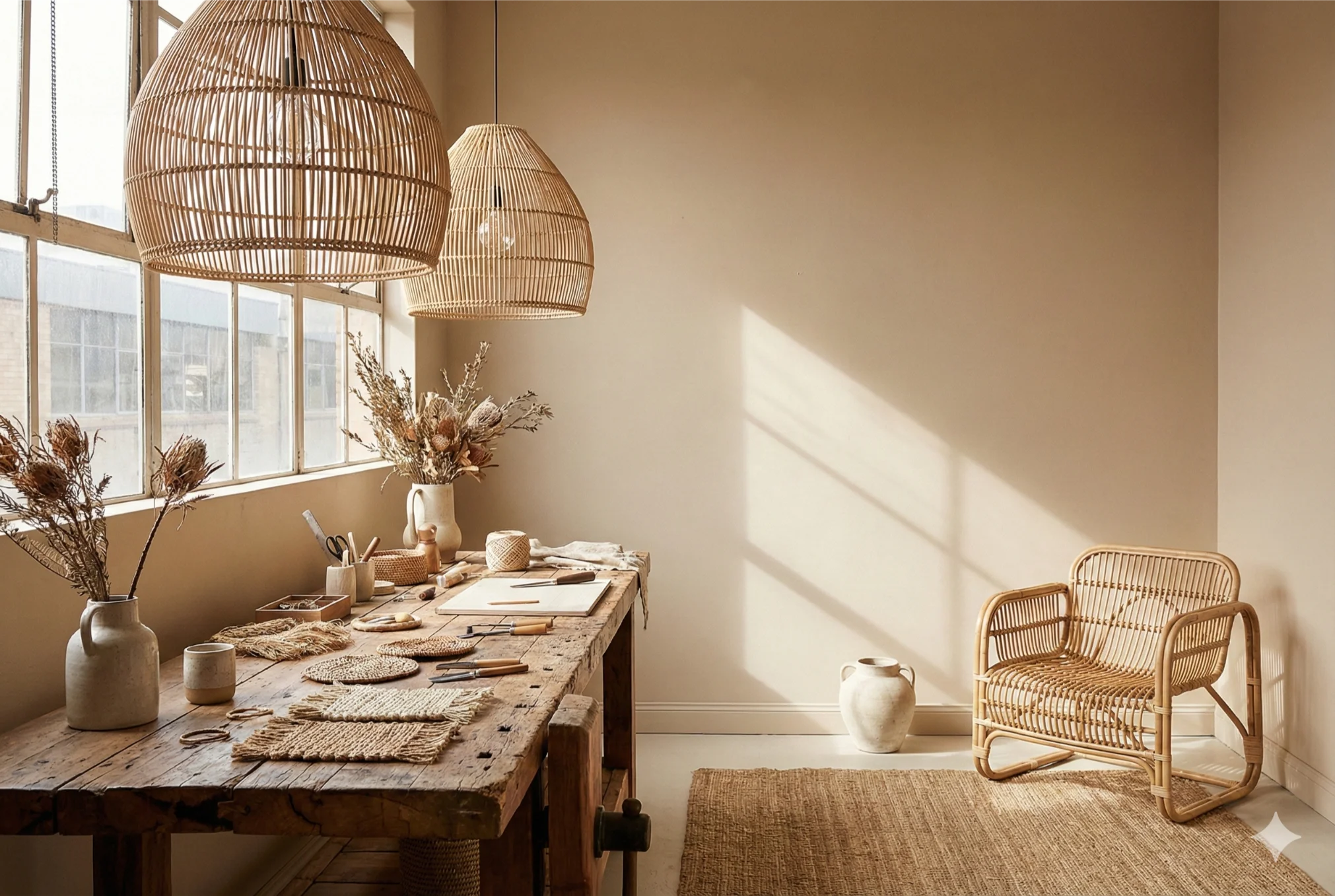 Warm Japandi-inspired Australian living room with rattan lighting and soft natural sunlight