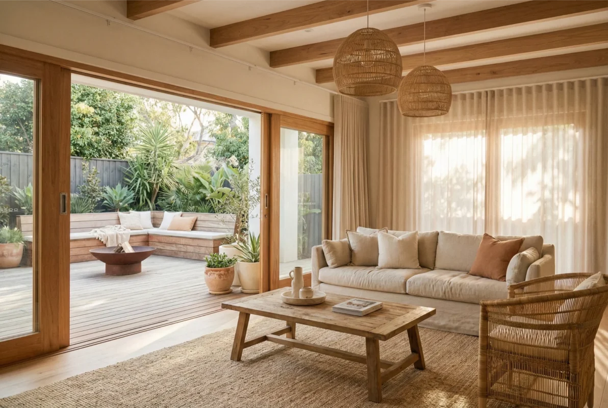 A calm Japandi-inspired Australian home interior with natural rattan textures, warm timber tones and soft morning light.