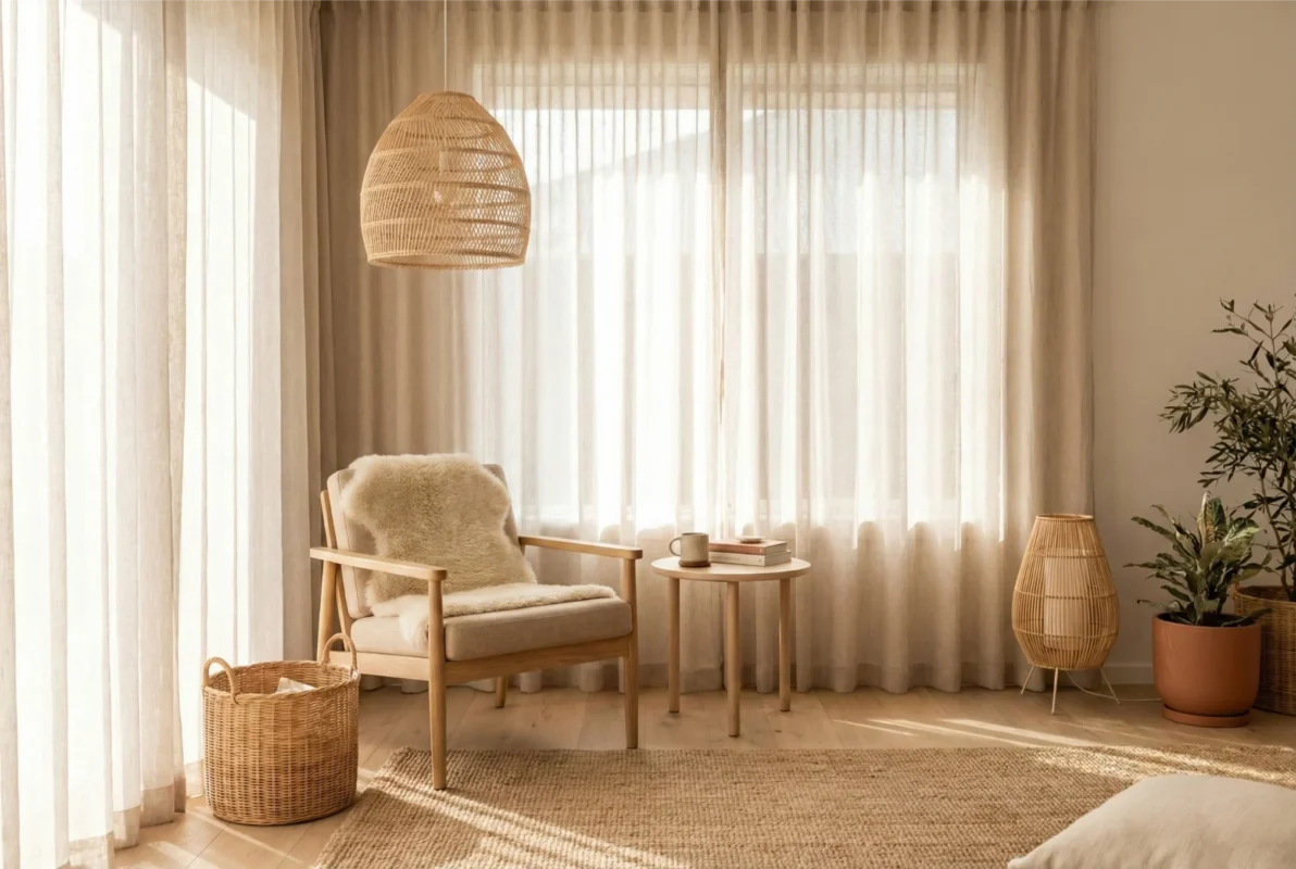 A calm Japandi-inspired Australian home interior with natural rattan textures, warm timber tones and soft morning light.