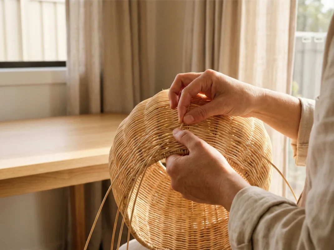 Hands weaving a natural rattan pendant light by hand, showing warm texture and fine craftsmanship in a calm Australian home.