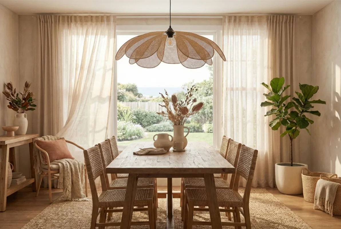 Australian dining room with a natural rattan pendant light above a wooden dining table in Japandi style.