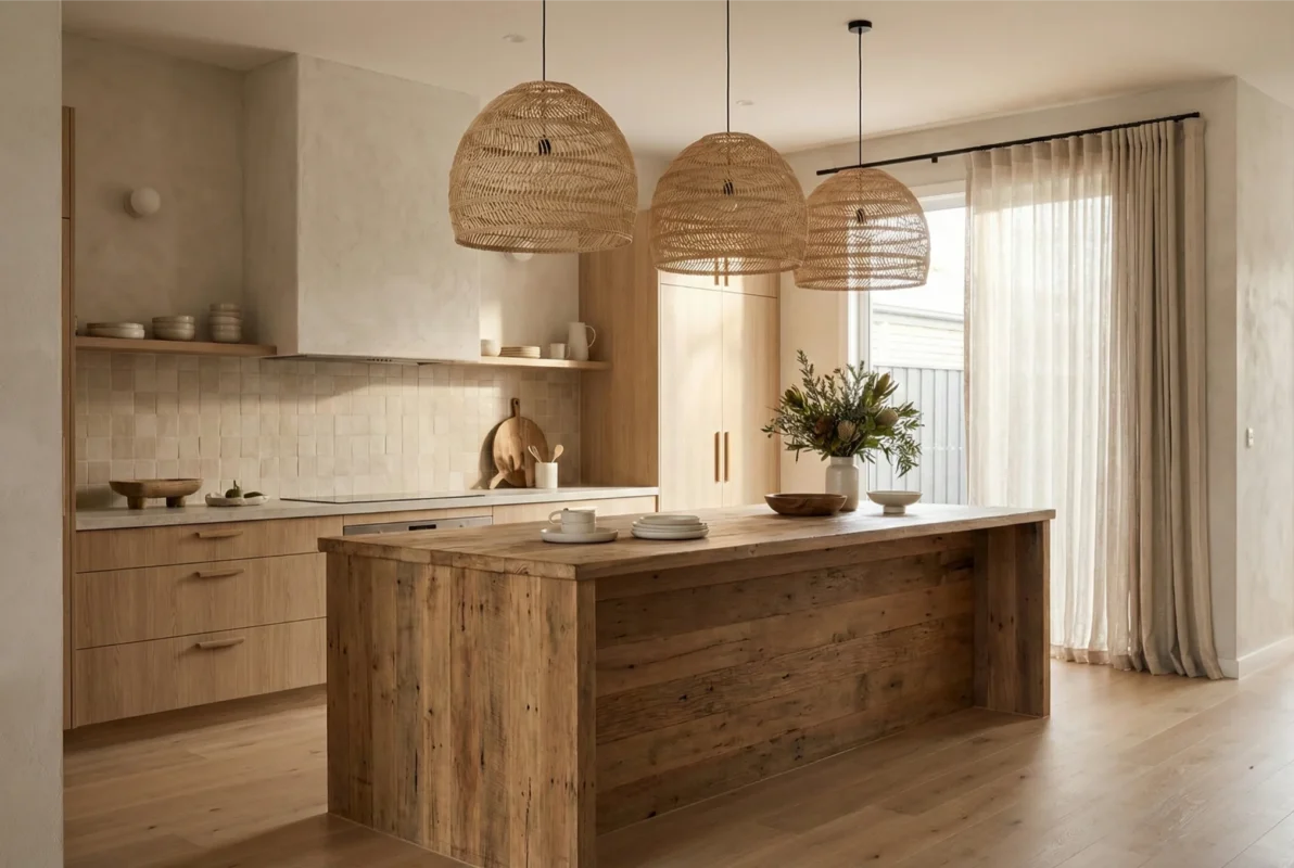 Japandi style Australian kitchen with natural rattan pendant lights above a timber island.