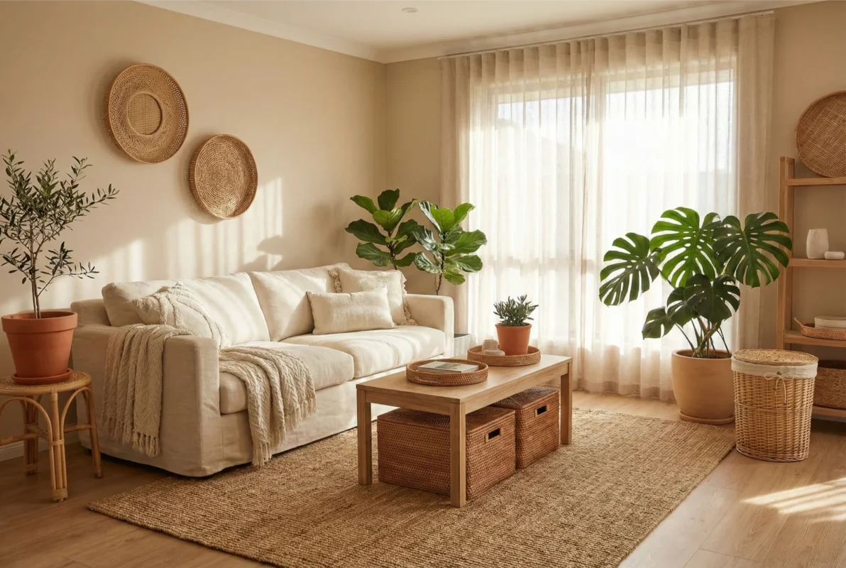 Japandi style Australian living room with natural rattan storage baskets and decor pieces.