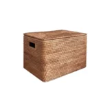 Rectangular rattan storage organiser box with lid front view.