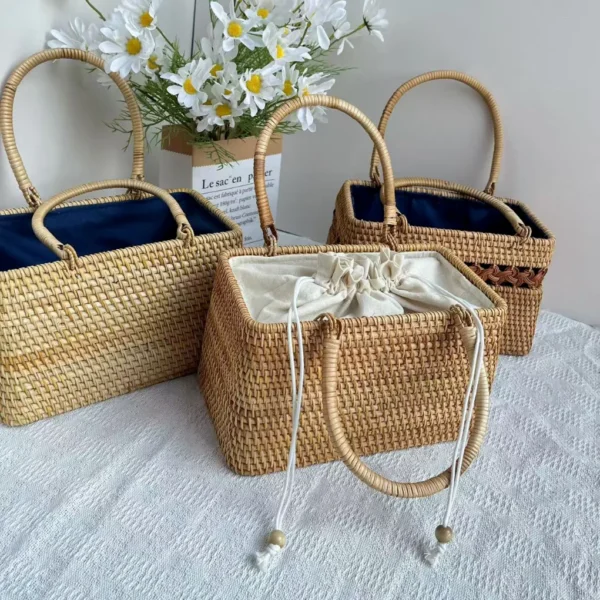Handwoven rattan Sunday market tote bag isolated front view.