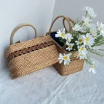 Natural woven basket bag featuring a relaxed, slow living aesthetic.