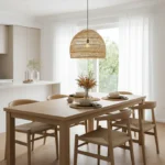 Simple woven dome pendant lighting for a casual dining room.